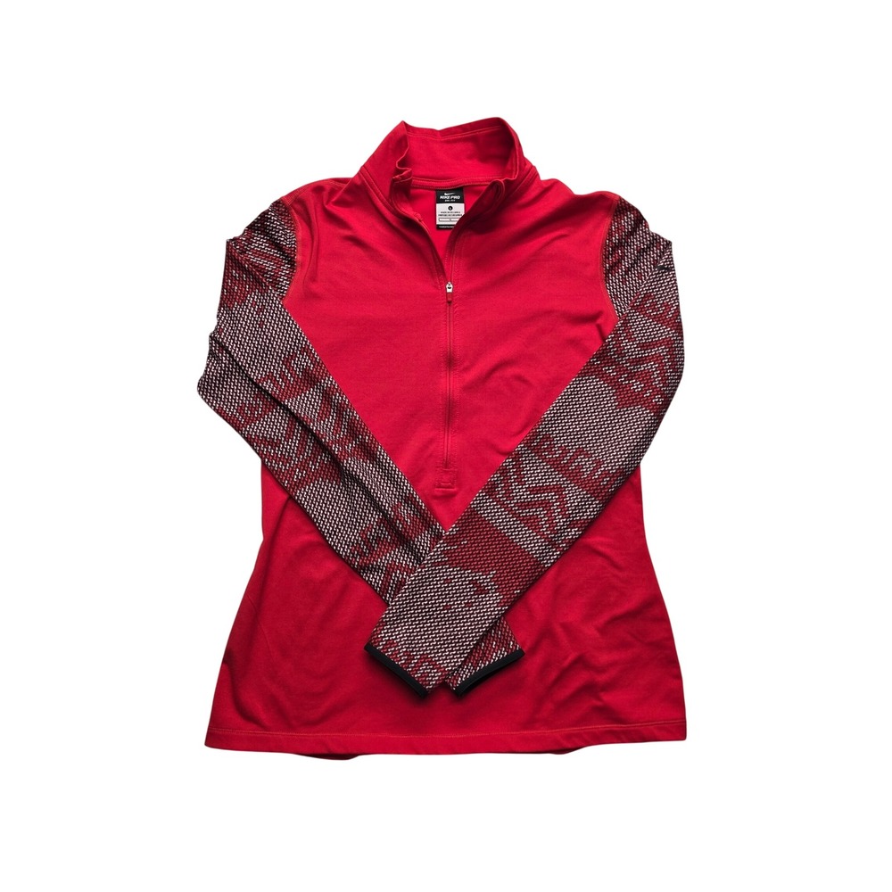 Nike Pro Dri-FIT Half Zip Pullover Red Geometric Sleeve Thumbhole Womens Large